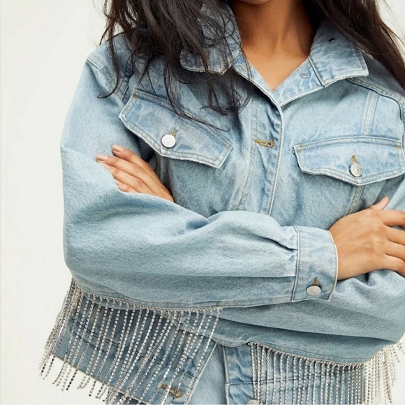 Free People Rhinestone Fringe Light Wash Denim Jean Bomber Jacket Size Small - Picture 4 of 14